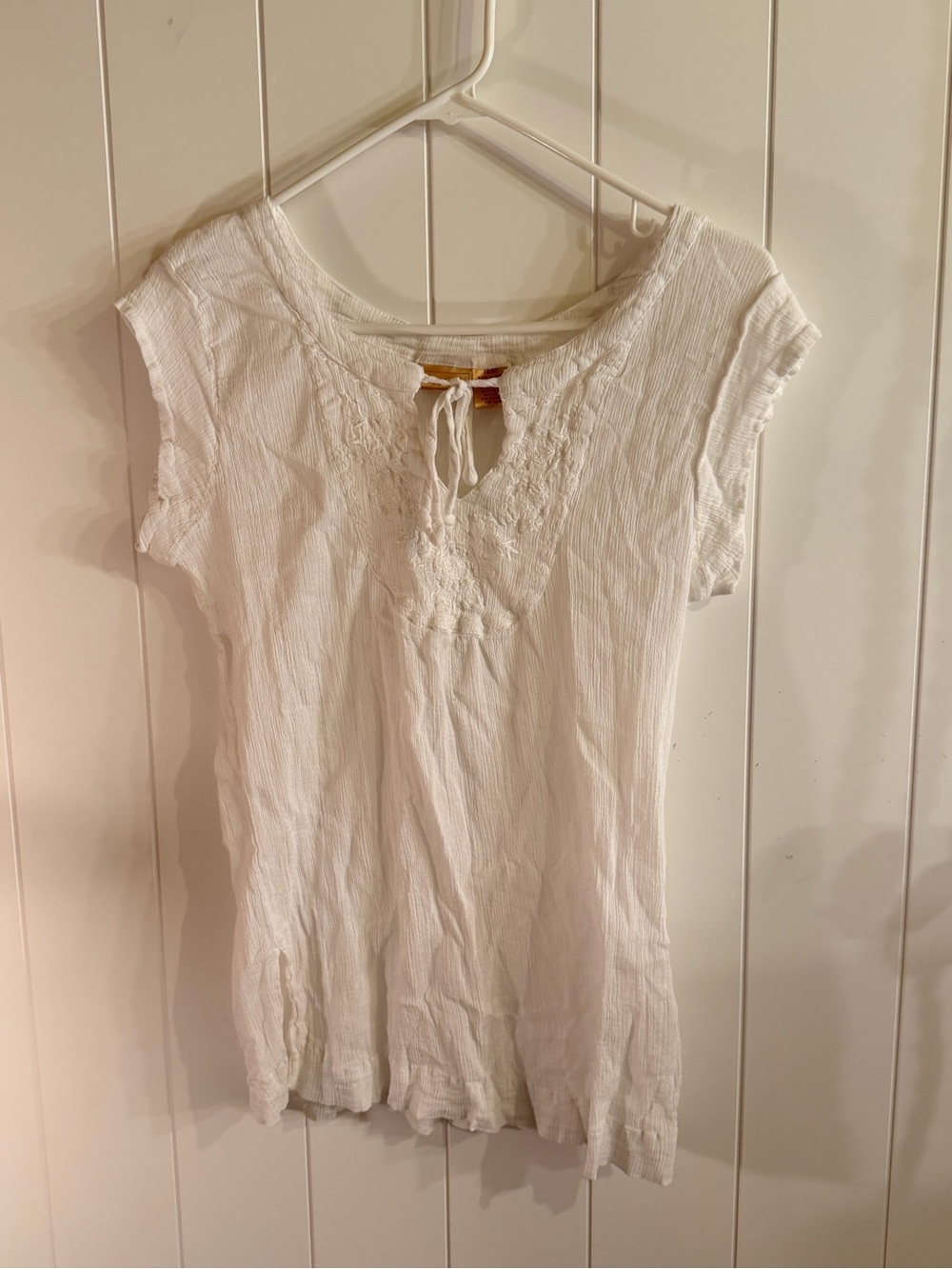 Women's White Embroidered Tie-Neck Top